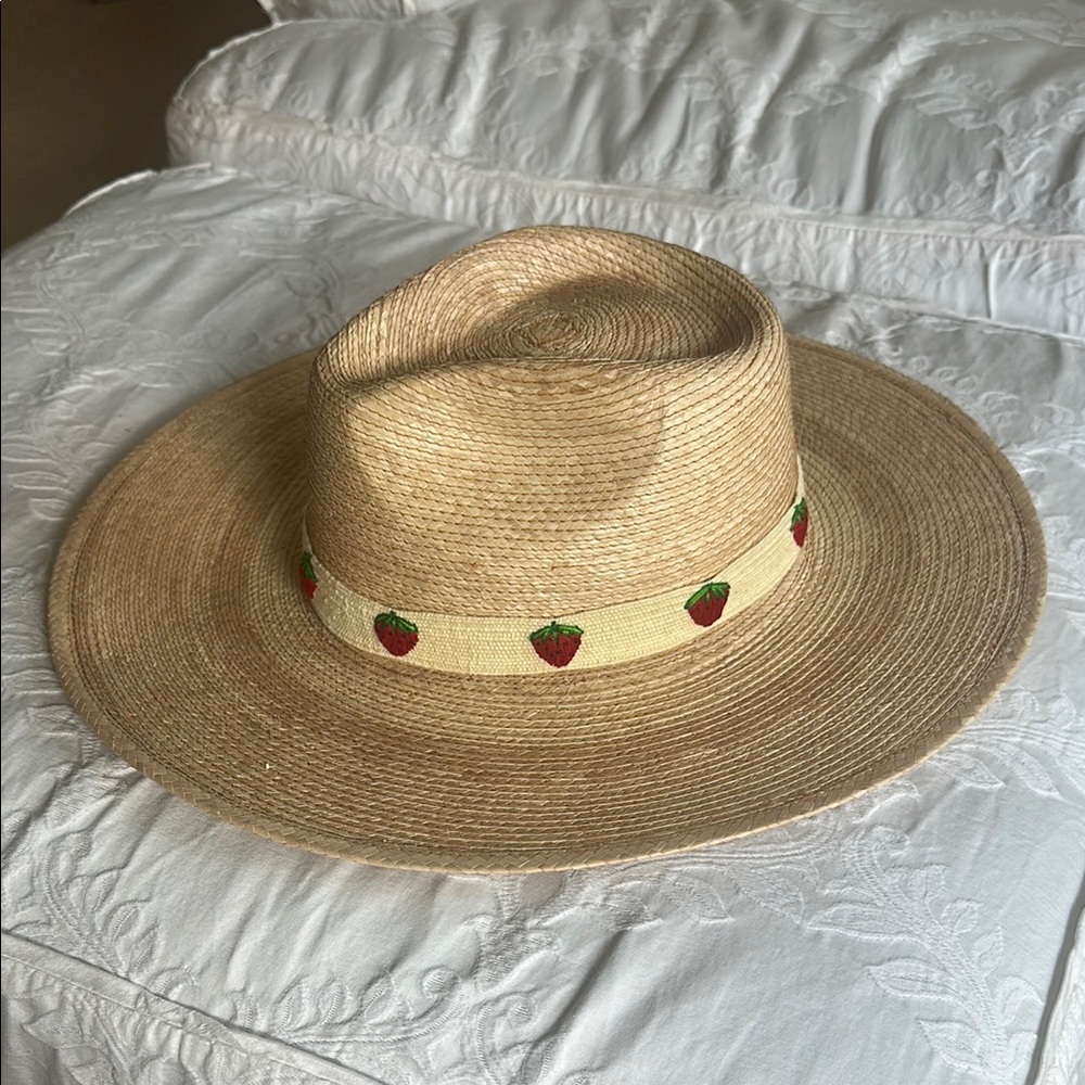 Tan Straw Hat with Strawberry Embroidery Band